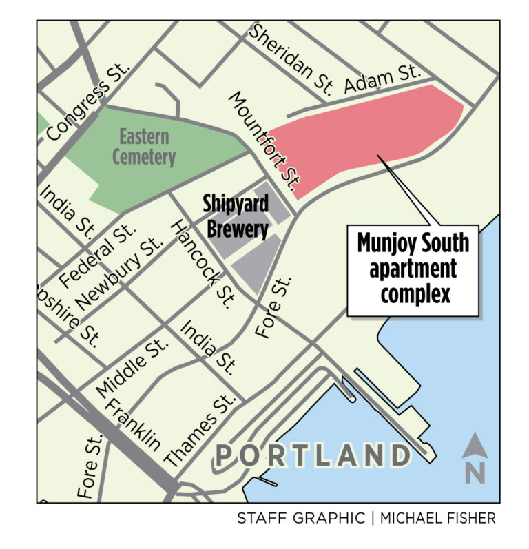 A map illustration showing location of Munjoy South apartment complex in Portland, Maine. 
