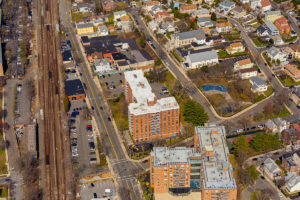 Marble Hall Apartments, an affordable housing building in Tuckahoe, NY as seen from above.