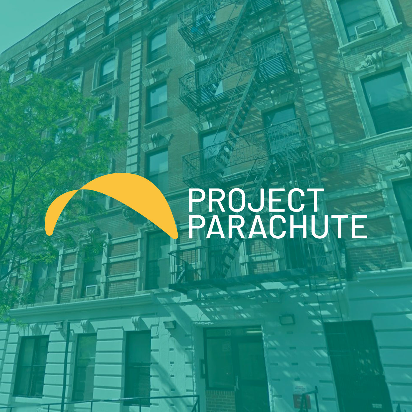 An image of the West 107th building with Project Parachute logo